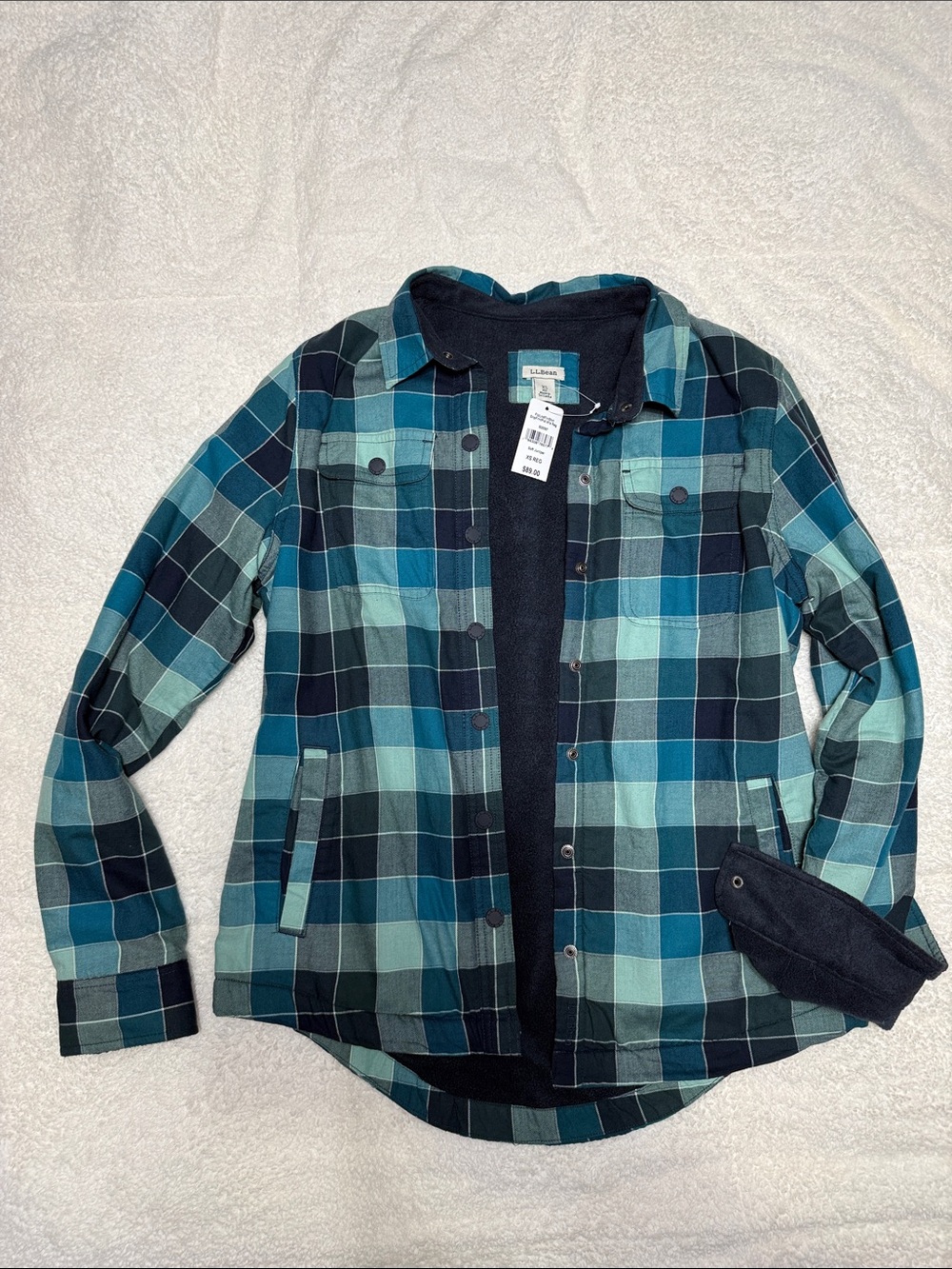 L.L. Bean Teal and Navy Plaid Fleece-Lined Shirt Jacket
